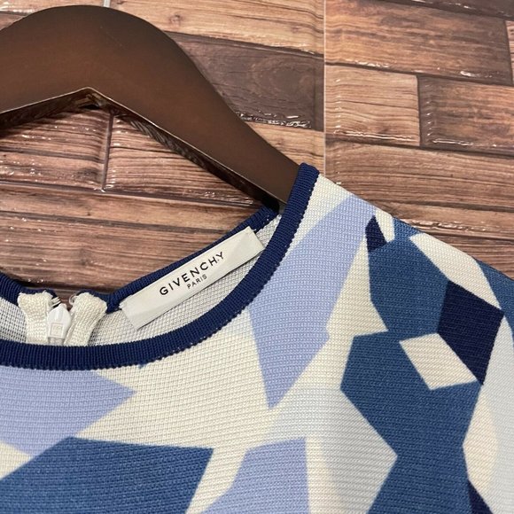 GIVENCHY Geometric Pencil Dress Blue Navy White Knit Stretch Size M Sleeveless - Picture 5 of 11